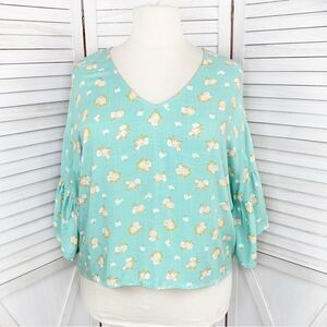 Love, Fire Floral Bell Sleeve Blouse Mint‎ Green White 2X